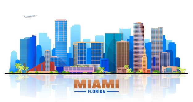 Горизонт Майами, Флорида, с панорамой на белом фоне. Векторная иллюстрация. Концепция деловых поездок и туризма с современными зданиями. Изображение для баннера или веб-сайта.