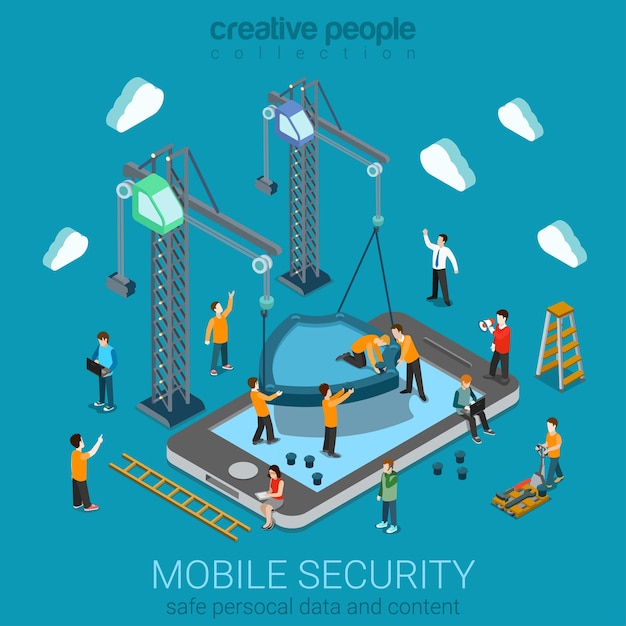 Free vector micro people installing huge shield on smartphone