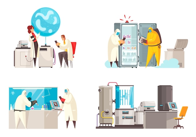 実験装置ユニットの図の近くのバイオハザードスーツの人間のキャラクターの4つの構成を持つ微生物学のデザインコンセプト