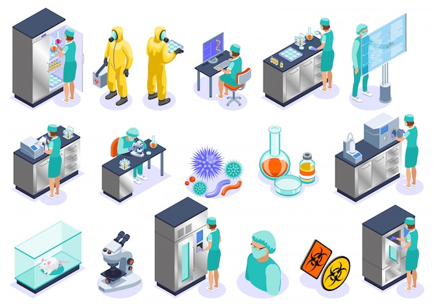 L'icona isometrica isolata microbiologia ha messo con l'illustrazione del laboratorio e del biochimica del microscopio dei datori di lavoro di scienza