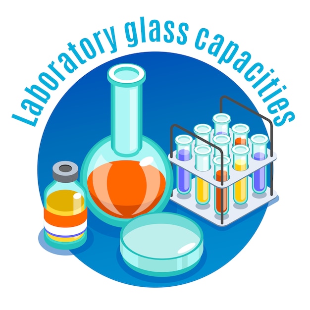 Vettore gratuito composizione rotonda isometrica in microbiologia con il titolo di capacità di vetro del laboratorio e l'illustrazione differente degli elementi dell'erba