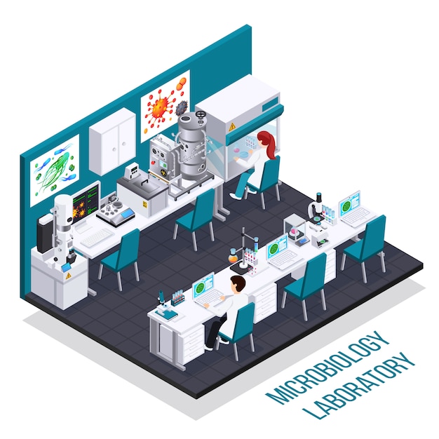 Free vector microbiology laboratory isometric composition with bioreactor electron microscopy device for bacteria seeding and other science equipment