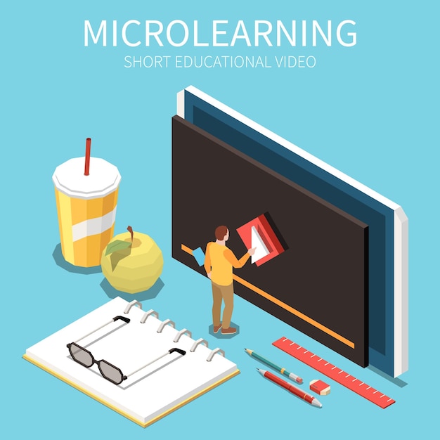 Il concetto isometrico di tendenze di microlearning con l'illustrazione di vettore di simboli video educativi