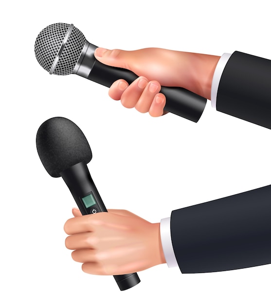 Free vector microphone realistic set with journalist hands holding audio equipment vector illustration