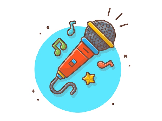 Microphone with note and tune of music vector icon illustration. voice speak up and recording. technology and music icon concept white isolated Premium Vector