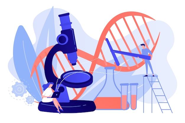 DNA構造を変える顕微鏡と科学者。白い背景の遺伝子工学、遺伝子改変および遺伝子操作の概念。ピンクがかった珊瑚bluevector分離イラスト