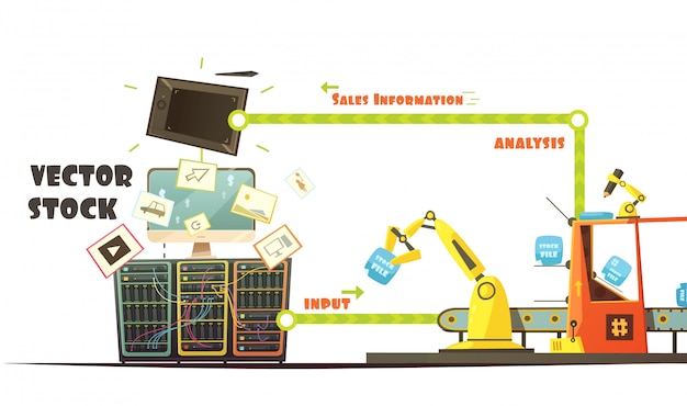 Microstock business owner working concept schema retro cartoon style