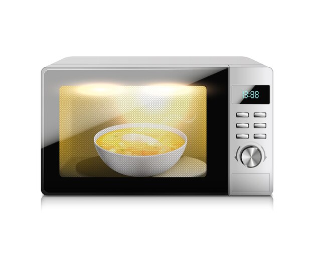 Microwave oven realistic composition with isolated image of working microwave and dish with soup inside it illustration