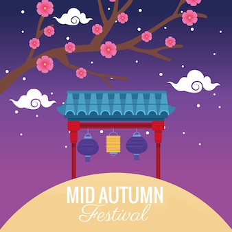 Mid autumn festival celebration with flowers tree and lanterns hanging in arch
