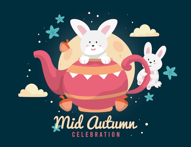 Free vector mid-autumn festival with tea pot and bunny