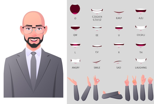 Middle-age businessman character face animation and mouth animation with different gesture sets.