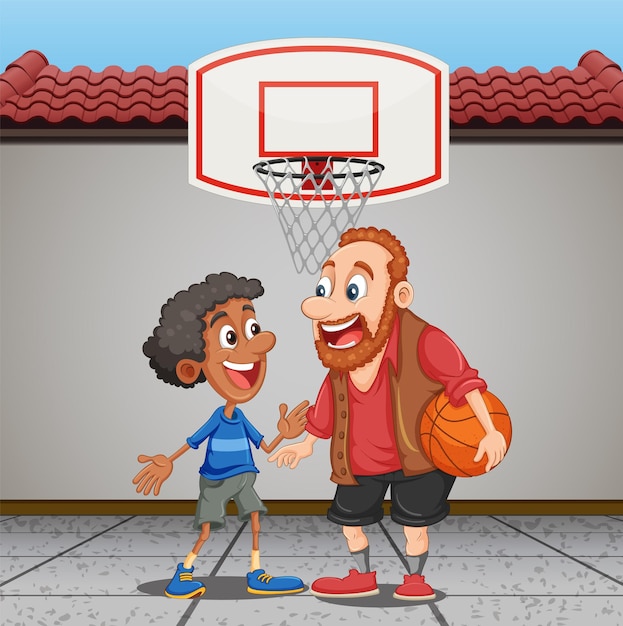 Free vector middle age man playing basketball with a boy