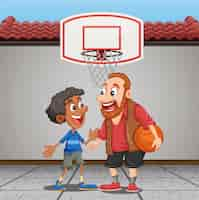 Free vector middle age man playing basketball with a boy