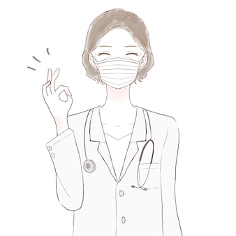 不​織​布​マスク​を​着用した​中年​女性​医師​。​彼女​は​ok​サイン​を​作っています​。​白い​背景​に​。