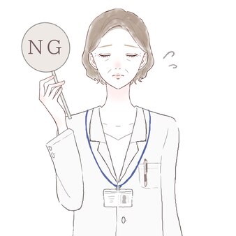 Middle-aged female doctor with ng sign. on white background.