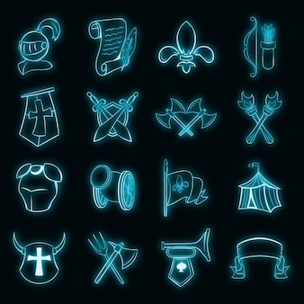 Middle ages icons set vector neon