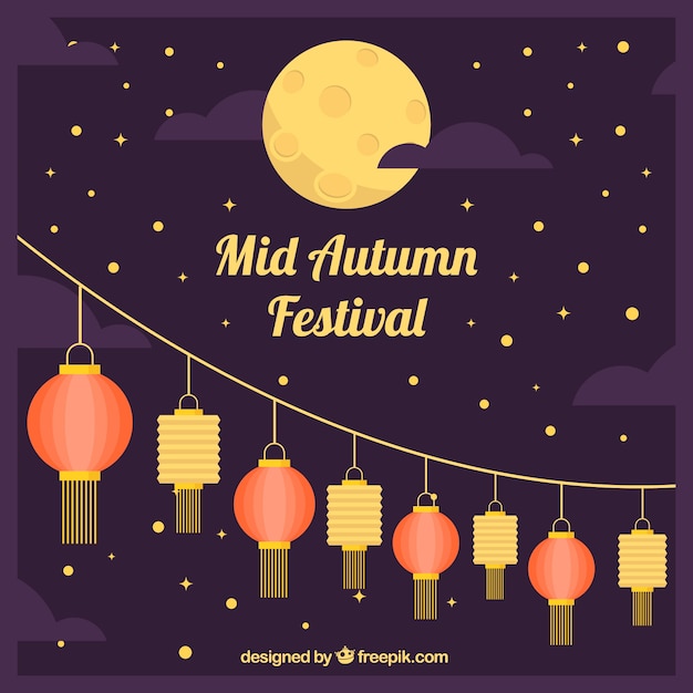 Middle autumn festival, scene with lanterns and full moon