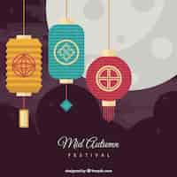 Free vector middle autumn festival, scene with three lanterns