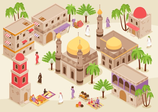 Ближневосточный городской пейзаж изометрический фон с башней мечети и традиционными арабскими зданиями с векторной иллюстрацией арочного фасада
