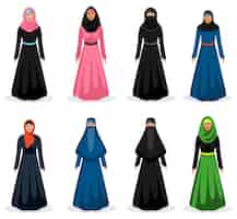 Бесплатное векторное изображение Набор женщина ближнего востока. традиционный арабский хиджаб, одежда для девочек этнической принадлежности, векторные иллюстрации