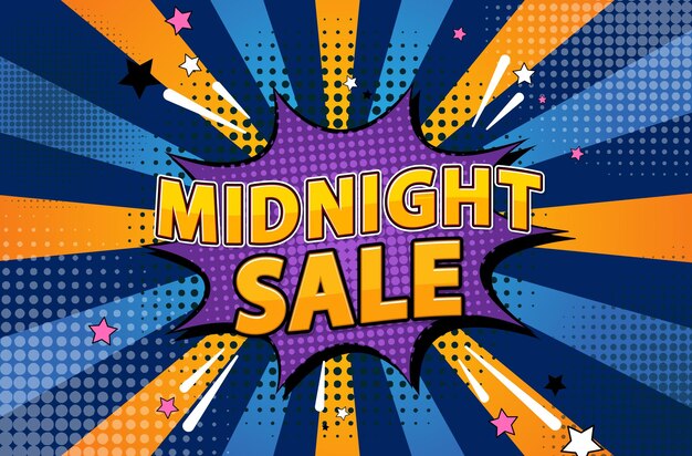 Midnight sale retro comic style background illustration