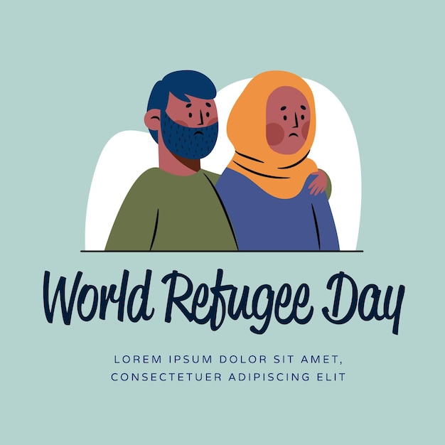 移民女性と男性のカップルの手描きの難民の日