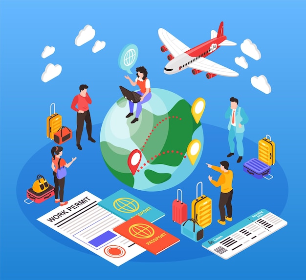 migrant workers composition with job mobility symbols isometric vector illustration