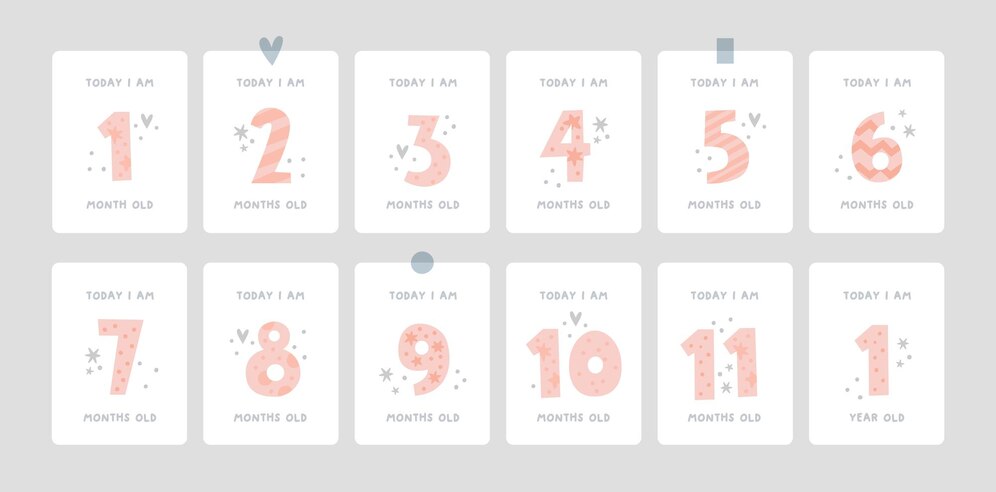  Milestone cards with numbers for newborn girl or boy in pastel colors Premium Vector