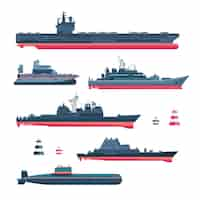 Free vector militaristic ships set. navy ammunition, warship and submarine, nuclear battleship, float and cruiser, trawler and gunboat, frigate and ferry