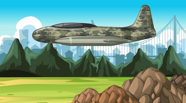 Free vector military aircraft with outdoor scene background