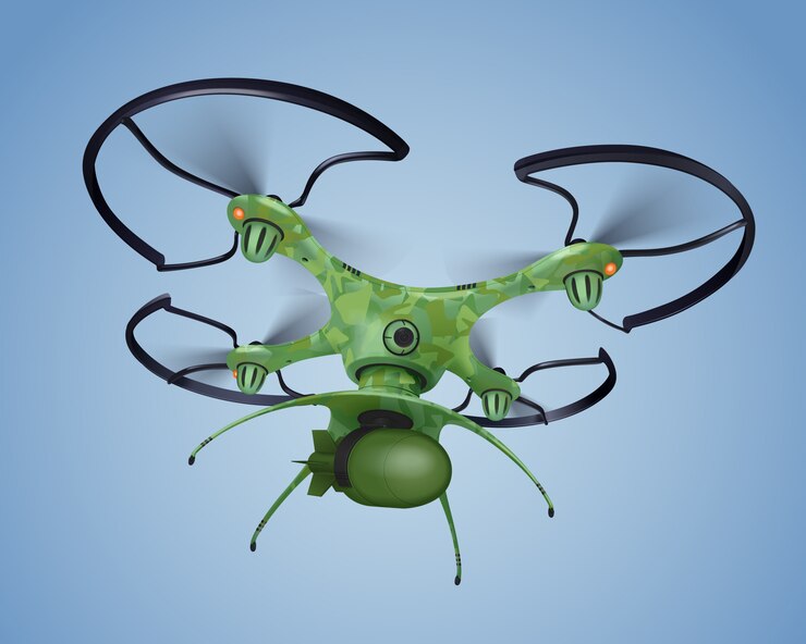Free Vector military drone with bomb realistic composition in hakki color flying above the ceiling 