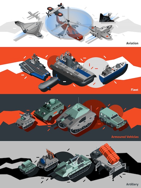 Free vector military equipment banners isometric