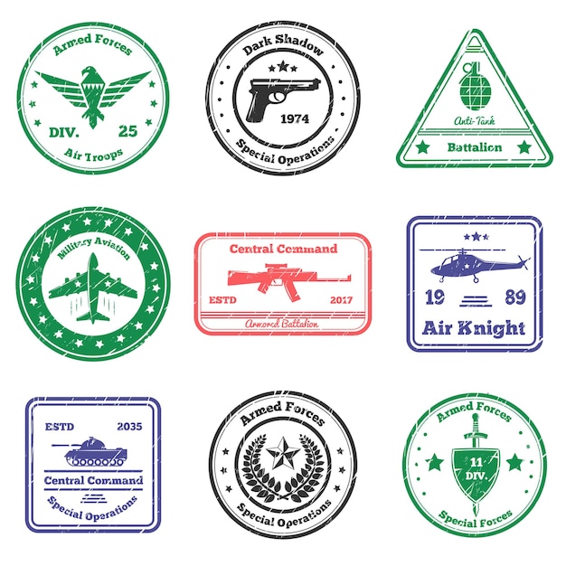 Коллекция военных гранж-марок из девяти плоских почтовых марок с текстовыми подписями и символами оружия