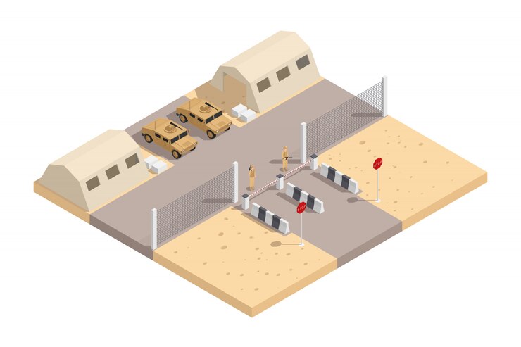 Free Vector military isometric composition with guarded military base and with the necessary equipment vector illustration