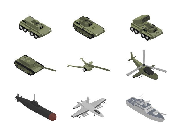 Military machinery isometric illustrations set BMP tank and armored personnel carrier air ground and sea armored vehicles helicopter and fighter jet heavy war machines battleship and submarine