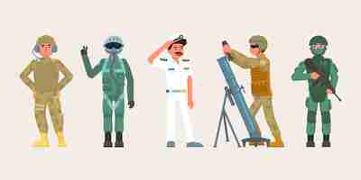 Free vector military male character set people in various occupations infantryman with assault rifle artilleryman charging howitzer ship captain saluting soldier in biohazard ammunition signalman