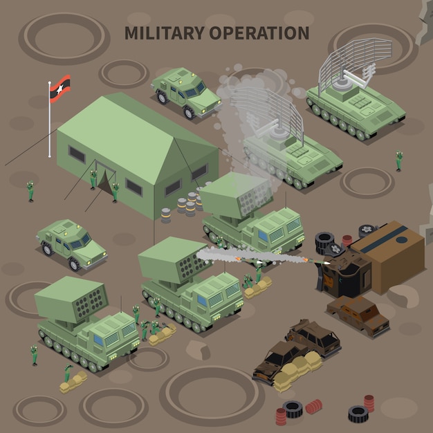 Military operation isometric composition with tent for soldiers
radar installation and rocket launchers