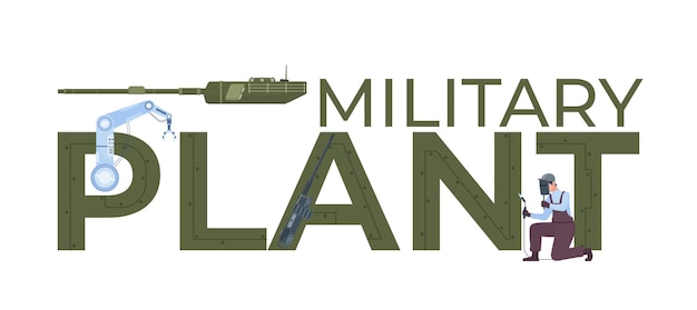 Концепция заголовка текста военного завода с большими буквами и различной плоской векторной иллюстрацией оружия