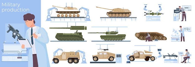 無料ベクター 戦車、装甲戦闘車両、ロケット、ドローンのベクトル図を使用した軍事生産フラット構成