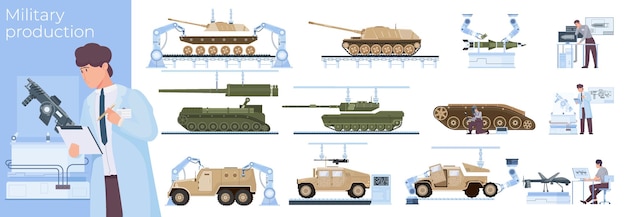 Free vector military production flat composition with tanks armored fighting vehicles rockets and drones vector illustration