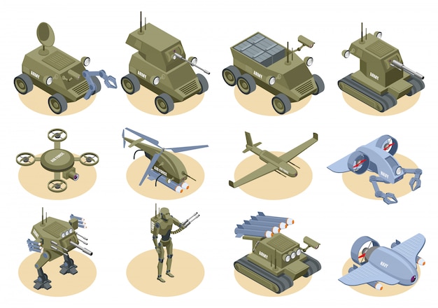 Free vector military robots isometric icons set of underwater robot sapper air drones shooter tanks and trucks isolated