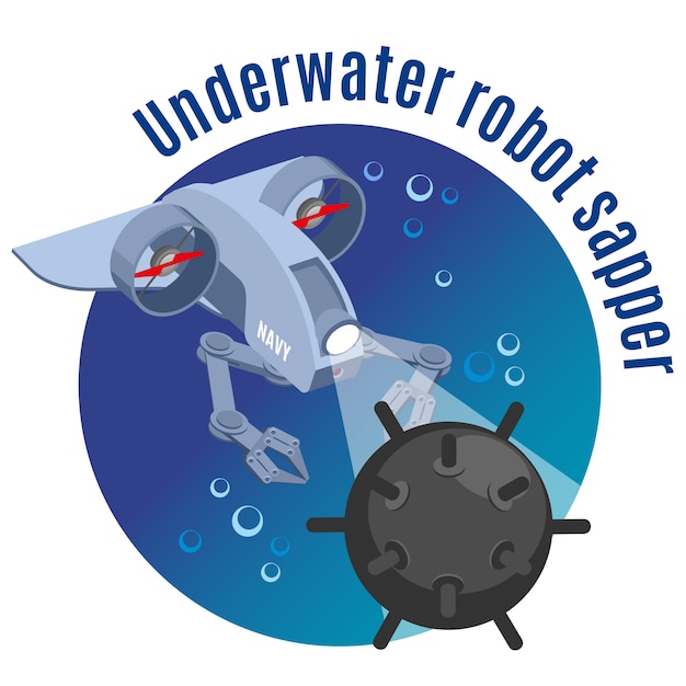 Free vector military robots round  with image of underwater robot sapper neutralizing mine isometric