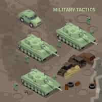 Бесплатное векторное изображение Военная тактика изометрического проиллюстрированного солдата с винтовками, наступающими под прикрытием тяжелой военной техники