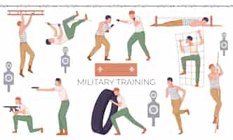 Vettore gratuito set piatto di addestramento militare di icone isolate con caratteri umani di obiettivi di reclute e illustrazione vettoriale di ostacoli fisici