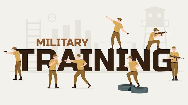 Military training flat text composition with fighting shooting fleeing soldiers in special training vector illustration