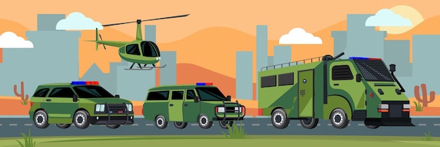 Free vector military transport flat composition with police car armoured machine helicopter with cityscape in background vector illustration