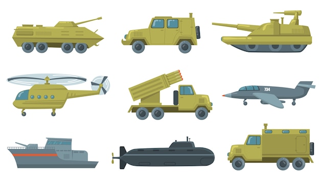 Набор иконок военного транспорта. Самолет ВВС, подводная лодка, вертолет, грузовик, бронированный танк изолированы. Векторные иллюстрации для армейских автомобилей, оружия, концепции силы