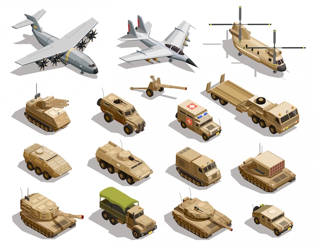 Military transport isometric icon set