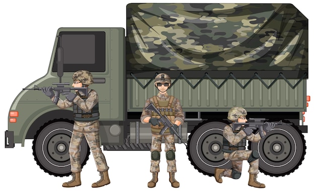 Free vector military vehicle and soldier on white background