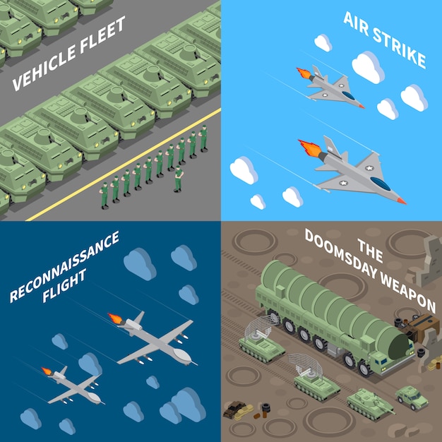 Free vector military vehicles 2x2 design concept set of  vehicle fleet reconnaissance flight air strike doomsday weapon square icons isometric